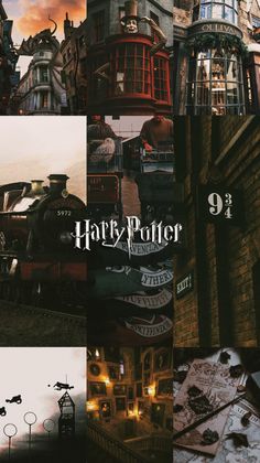 a collage of harry potter houses and buildings