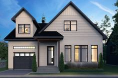 this is an artist's rendering of a two - story house in the evening