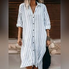 Brand New Perfect Summer Casual Dress Light Poly Blend Material Bust 42-44 Waist 34-36 Hips 44-46 How To Have Style, Striped Casual Dresses, Vintage Floral Top, Mode Casual, Linen Style, Vestido Casual, Dress Silhouette, Types Of Dresses, Linen Dresses