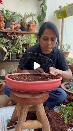 a woman kneeling down in front of a potted plant