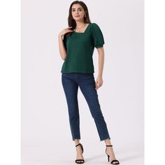 Update your casual wear collection with this trendy and versatile Casual Puff Short Sleeve Top. The asymmetrical V-neck adds a touch of modernity, while the regular fit provides all-day comfort. Made with soft fabric, this blouse offers a loose and flowy fit for maximum comfort. Perfect for both casual and semi-formal occasions. Suit for Spring, Summer, and for many occasions, such as gym, sports, yoga, weekend gathering, daily wear, office, work, school, shopping, dating, etc. Pair it with jean Fitted Green Modern Tops, Modern Fitted Green Tops, Modern Green Tops For Workwear, Trendy Green Blouse For Work, Spring Green Padded Blouse Top, Spring Green Padded Blouse, Green Padded Blouse For Spring, Blouse Casual, School Shopping