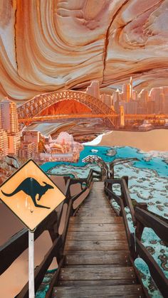 a painting of a kangaroo crossing a bridge