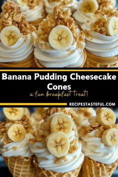 banana pudding cheesecake cones are topped with whipped cream and sliced bananas in the middle