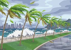 a painting of palm trees and the ocean with buildings in the backgroung