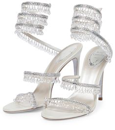 Luxury Crystal Embellished Ankle Strap Sandals, Luxury Embellished High Heel Sandals, Luxury High Heel Embellished Sandals, Designer Embellished Sandals For Gala, Crystal Embellished Open Heel Sandals For Gala, Silver Luxury Sandals With Heel Strap, Glamorous Open Toe Sandals For Galas, Summer Wedding Shoes Silver Embellished, Glamorous Open Heel Sandals For Galas