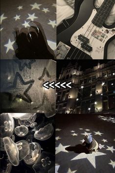 a collage of images with different types of guitars and stars on the floor, including an electric guitar