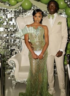 Blue Prom Ideas Black Couples, Hollywood Dress Aesthetic, Prom Looks Black Couples, Black Prom Dates Couples, Light Green Prom Dress Black Women, Sage Green Prom Dress Black Women, Black Couple Prom Outfits, Sage Green Prom Couple, Turquoise Prom Couple