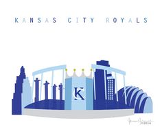 the kansas city royals'stadium is shown in blue and white, as well as other buildings