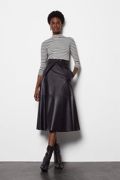 Leather Tie Waist Midi Skirt | Karen Millen A Line Leather Skirt Outfit, Leather A Line Skirt Outfit, Midi Leather Skirt Outfit, Leather Midi Skirt Outfit, Long Leather Skirt Outfit, Black Leather Skirt Outfit, Midi Rock Outfit, Midi Leather Skirt, Fabric Rendering