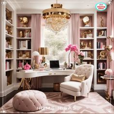 an elegant home office with pink and gold decor