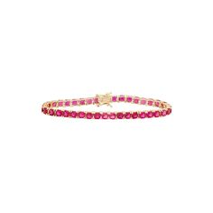 Featuring eye-catching lab-created ruby gemstones, this 14k gold over sterling silver tennis bracelet offers sophisticated style.BRACELET DETAILSLength: 7.25 in. Clasp: boxMetal: 14k gold over sterling silverSTONE DETAILSStone type: lab-created rubyTotal weight: 9 3/4 ct. Shape: cushion cutSetting: prong Size: 7.25". Gender: female. Age Group: adult. Classic Ruby Tennis Bracelet For Anniversary, Classic Ruby Gemstone Tennis Bracelet, Classic Ruby Tennis Bracelet With Jubilee Design, Ruby Gemstone Tennis Bracelet, Red Round Tennis Bracelet For Formal Occasions, Ruby Tennis Bracelet In Yellow Gold For Anniversary, Anniversary Ruby Tennis Bracelet In Yellow Gold, Yellow Gold Ruby Tennis Bracelet For Anniversary, Red Fine Jewelry Tennis Bracelet For Anniversary