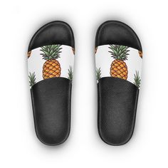 Get the tropical vibes with these pineapple slides. From home all the way to the beach, these women's sandals are the perfect accessory for a cozy life. Made with a slide-in design, they are easy to put on or take off, and provide excellent cushioning thanks to the PVC foaming sole. .: Material: PVC foam .: Printed strap surface .: Black outsole .: For wide feet recommended to size-up Yellow Slide Slippers For Beach, Yellow Beach Slide Slippers, Yellow Slide Slides For Beach, Yellow Slides For Beach, Yellow Slides For The Beach, Yellow Summer Slides For Beach, Casual Yellow Slippers For Vacation, Fun Beach Slip-on Slides, Yellow Flip Flops For Vacation