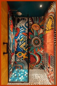 an artisticly designed bathroom with tiled floors and walls, painted in bright colors on the wall