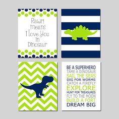 four dinosaur wall art prints in green, blue and white with the words i love you dinosaurs