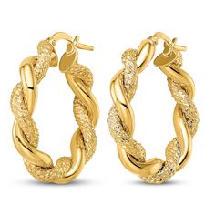 Garnish your ears with these stunning hoop earrings elegantly designed from 14K yellow gold. Featuring a twisted pattern with brilliant textured and polished finish for an attractive look, these 26mm earrings are safely secured with hinged backs. Twisted 14k Yellow Gold Earrings, Twisted Gold Plated Yellow Gold Hoop Earrings, Twisted Yellow Gold Hoop Earrings, Tarnish Resistant, 14k Yellow Gold Twisted Earrings, Twisted 14k Yellow Gold Hoop Earrings, Twisted 14k Gold Earrings, Twisted 14k Gold Hoop Earrings, Twisted Yellow Gold Jewelry For Anniversary, Twisted Hoop Earrings