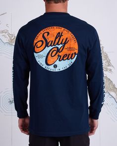 Salty Crew Club Salty Standard Long Sleeve Tee Fall Crew Neck T-shirt With Back Print, Graphic Print Crew Neck Tee, Fall Long Sleeve T-shirt With Front Print, Cotton Long Sleeve T-shirt With Front Print, Graphic Tee With Screen Print Crew Shape, Cotton T-shirt With Back Print For Fall, Fitted Crew Neck Top With Back Print, Relaxed Fit Tops With Back Print For Fall, Fitted Cotton Top With Back Print