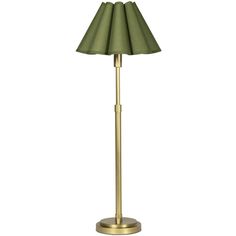 a green lamp with a gold base on a white background, it's light is turned on and the shade is off