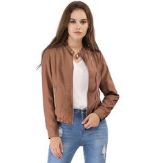 Refresh your moto jacket collection with this lightweight jacket. Simple and understated, designed with a stand collar and centre-front zip closure, making it versatile for styling up and down. It boasts button embellishments across the cuffs and neckline, inspired by the classic biker design. A contemporary join on a classic design, pair this with jeans or over a dress for a chic outfit. Size: medium. Color: brown. Gender: female. Age Group: adult. Pattern: Solid. Material: Polyester. Casual Brown Biker Jacket With Stand Collar, Brown Casual Biker Jacket With Stand Collar, Casual Brown Biker Jacket With Zipper Closure, Casual Brown Biker Jacket With Zipper, Spring Biker Jacket With Long Sleeves, Casual Leather Jacket With Zipper Closure, Spring Long-sleeve Biker Jacket, Casual Spring Windbreaker With Stand Collar, Stand Collar Windbreaker