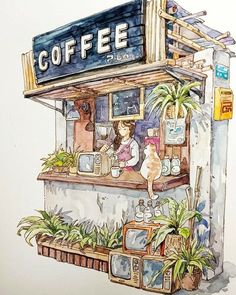 a drawing of a coffee shop with a cat sitting at the counter