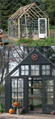 an old greenhouse is transformed into a garden shed