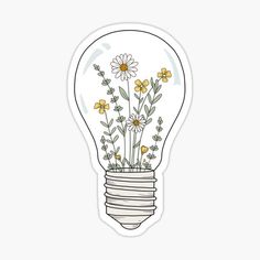 a light bulb with daisies and leaves in it sticker on a white background