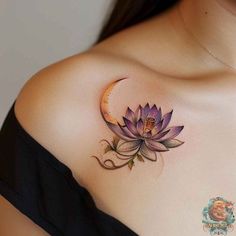 a woman with a tattoo on her shoulder has a purple flower and crescent shaped moon