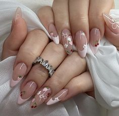 Acrylic Nail Summer, Cuqoutte Nails, Nail Designs Pink And White, Cute Almond Nail Ideas, Coqquete Nail, Cute Girly Nails, Cute Pink Nail Designs, Nail Inspiration Coquette, Nirvana Nails