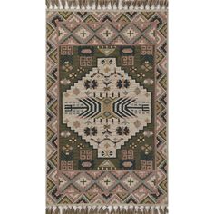 a rug with an intricate design on the front and back side, in green tones