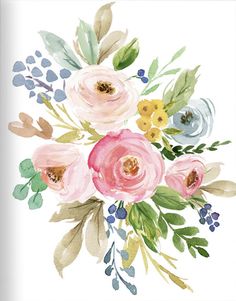 a watercolor painting of flowers with leaves and berries on the bottom half of it