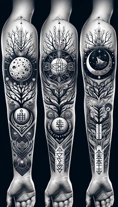 three different tattoos on both arms and legs with trees, moon and stars in the middle