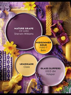 three shades of purple and yellow with the words, nature grape sherylin williams