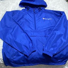 Nwot Champion Windbreaker Quarter Zip Pull Up Blue Winter Windbreaker With Pockets, Casual Blue Windbreaker With Pockets, Blue Long-sleeved Windbreaker With Pockets, Blue Windbreaker With Pockets For Fall, Half Zip Windbreaker, Champion Pullover, Team Jackets, Windbreaker Jacket Mens, Champion Jacket