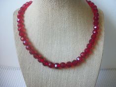 Retro Red Translucent Shorter Length Acrylic Beads Necklace 123020 Bright red Acrylic Beads Festive and 17 inches long Red Beaded Necklaces With Faceted Beads, Red Faceted Round Necklaces, Red Faceted Round Necklace, Red Single Strand Beaded Necklace For Party, Red Single Strand Crystal Necklace With Round Beads, Red Crystal Necklace With Single Strand Round Beads, Red Round Beads Crystal Necklace For Party, Red Crystal Round Beads Necklace For Party, Red Faceted Beaded Necklaces With Round Beads