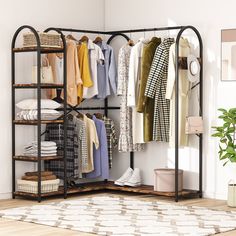 L-Shaped Clothes Rack, Corner Garment Rack with Storage Shelves Tribesigns Corner Closet Organizer, Standing Closet, Rolling Clothes Rack, Corner Closet, Closet Rack, Metal Clothes Rack, Open Wardrobe, Open Closet, Clothes Hanging