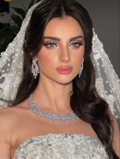 a woman wearing a wedding dress and veil with diamond jewelry on her head, posing for the camera