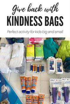 the contents of a back to school bag with text overlay that reads give back with kindness bags perfect activity for kids and small children