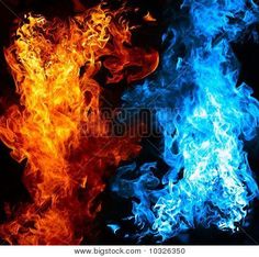 two different colored fire flames on a black background