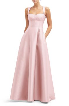 A petal pink gown gracefully points toward an enchanted evening with the sweetest of necklines and the perfection of a pair of handy pockets. 53 1/2" length (size 8) Hidden side-zip closure Sweetheart neck Lined 100% polyester Machine wash, tumble dry Imported Light Pink Bridesmaid Dresses, Organza Gowns, Alfred Sung, Womens Long Dresses, Pink Formal Dresses, Pink Bridesmaid Dresses, Pink Gowns, Column Gown, Rose Pastel