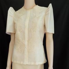 FILIPINIANA EMBROIDERED KIMONA with Puff Sleeves Maria | Etsy Terno Filipiniana, Philippine National Costume, Barong Tagalog, Formal Dresses For Men, Long A Line Skirt, Filipiniana Dress, Armani Shirts, Costume For Women, Garden Grove