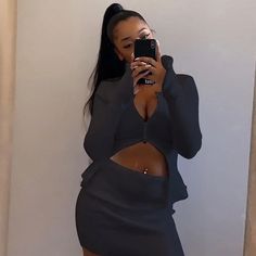 Skirt Suit Long Sleeve Crop Tops + mini Skirt – 24Lazada