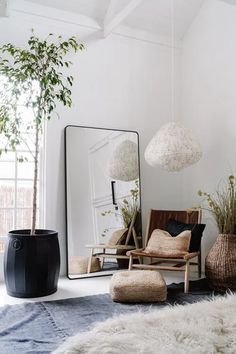 a living room filled with furniture and a large mirror on the wall next to a potted plant