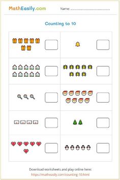 the worksheet for counting to 10 is shown with numbers and symbols in it