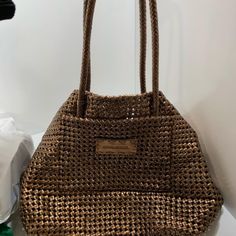 Beautiful Large Relaxed Leather Tote, Metallic Gold And Copper Weave, Approx 15 In Wide X 19 In High, Great Travel Bag, Clean Inside And Out, Estate Sale Find, She Won't Disappoint You! (Inv#2) Metallic Rectangular Shoulder Bag For Travel, Metallic Rectangular Travel Bag, Metallic Satchel Shoulder Bag For Everyday Use, Metallic Tote Bag For Travel, Metallic Travel Tote Bag, Metallic Shoulder Bag For Travel, Metallic Double Handle Everyday Bag, Metallic Rectangular Shoulder Bag For Everyday, Gold Evening Bag With Leather Handles