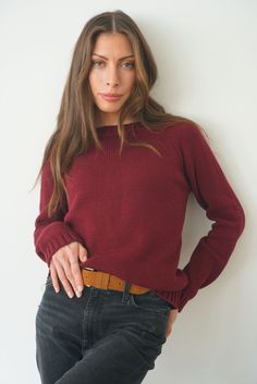 Burgundy sustainable cotton handknitted Sloane Crewneck by Paneros Clothing. Relaxed-fit hip-length crewneck sweater with long sleeves and ribbing details. Front View tucked into denim. Wall Decor Storage, Rug Runner Kitchen, Closet Staples, Women Artisans, Shop Mens Clothing, Sustainable Fabrics, Bedding Shop, Crewneck Sweater, Rug Shopping