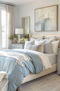 a bedroom with blue and white bedding in it