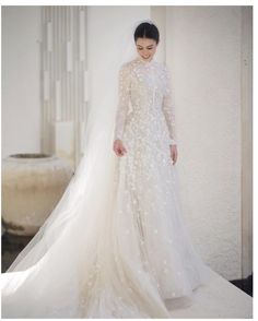 a woman in a white wedding dress with long sleeves and a veil on her head