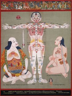 an old painting with two women sitting on the ground and one man standing in front of him