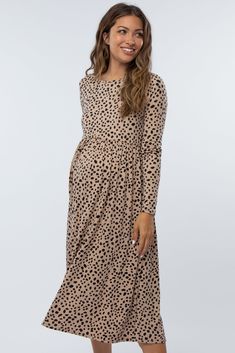 Details A printed long sleeve maternity midi dress. Content + Care 96% Polyester 4% Spandex Hand Wash Cold, No Bleach, Hang or Line Dry USA Size + Fit Length: 45" Sleeve Length: 19" Measured From: Small Product Code: 69360