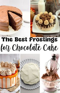 the best frostings for chocolate cake are in this collage with different images