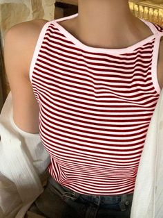 Women Striped Cropped Boat Neck Tank Top, Business Casual Red and White Casual   Rib knit Striped Tank Slight Stretch Summer Women Clothing, size features are:Bust: ,Length: ,Sleeve Length: Trendy Red Ribbed Tank Top, Red Ribbed Stretch Tank Top, Casual Red Halter Neck Tank Top, Red Stretch Ribbed Tank Top, Red Halter Neck Casual Tank Top, Trendy Red Halter Neck Tank Top, Red Halter Neck Tank Top For Spring, Red Ribbed Sleeveless Top, Red Sleeveless Ribbed Tops